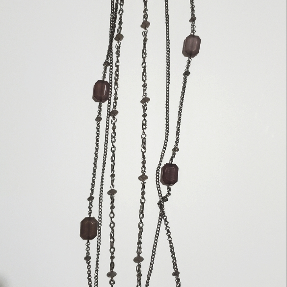 Silver chains and dusty rose-colored beads necklace